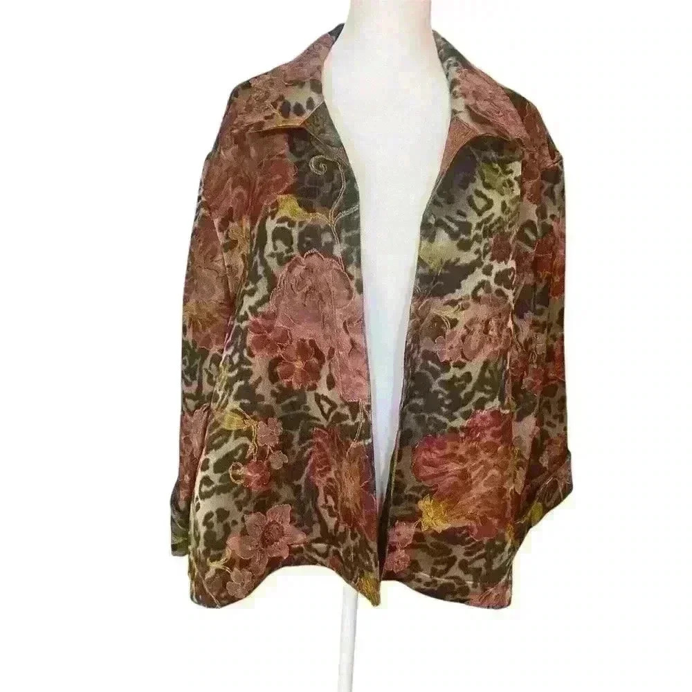 Coldwater Creek Animal Rose Shimmer Floral Print Reversible Jacket Size L Boho - Picture 3 of 16